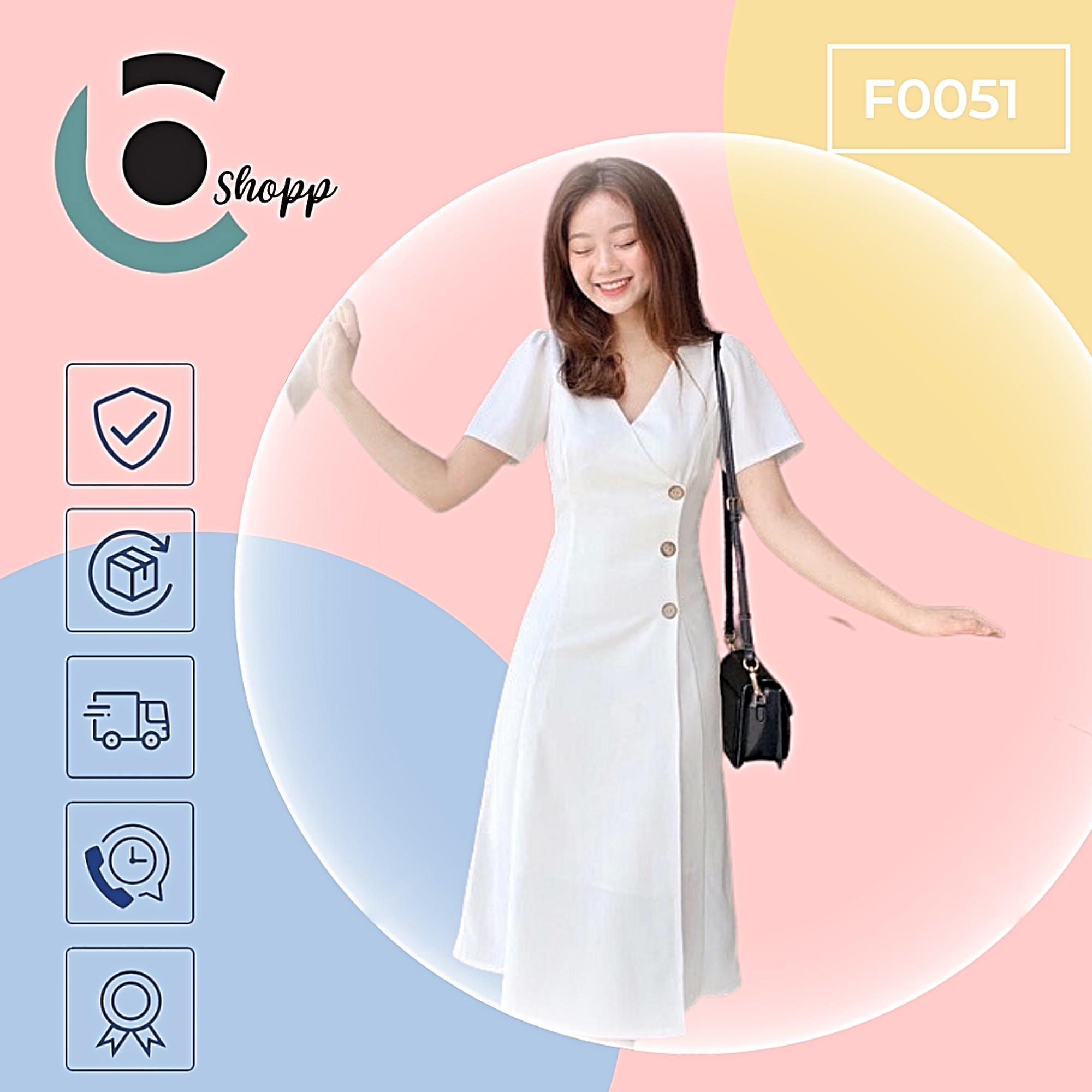 Váy cổ chữ V nút dừa cao cấp