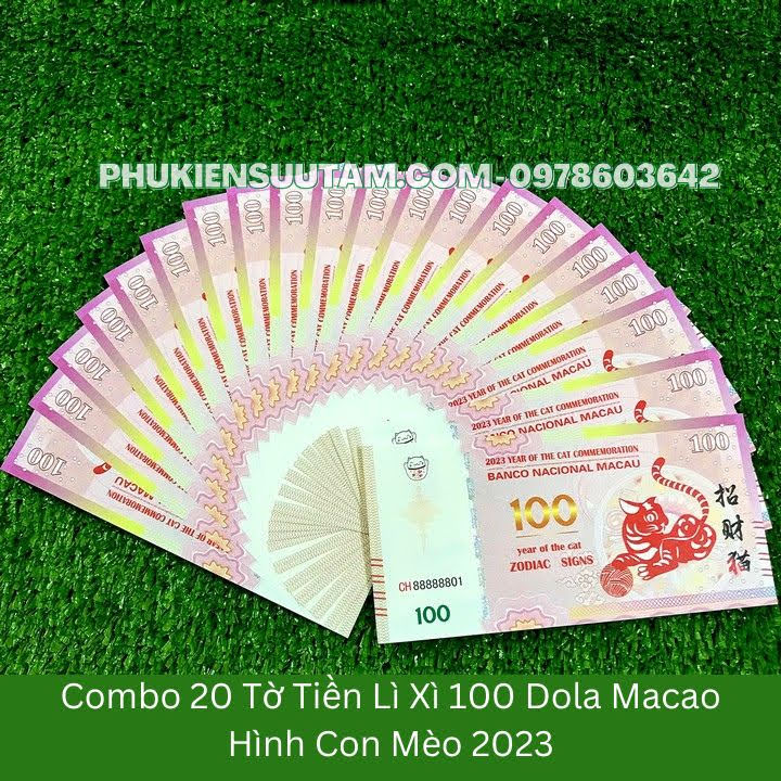 Combo 20 Tờ Lì Xì 100Dollar Macao Hình Con Mèo 2023, kích thước: 15.5cmx7.5cm, màu trắng- SP005438