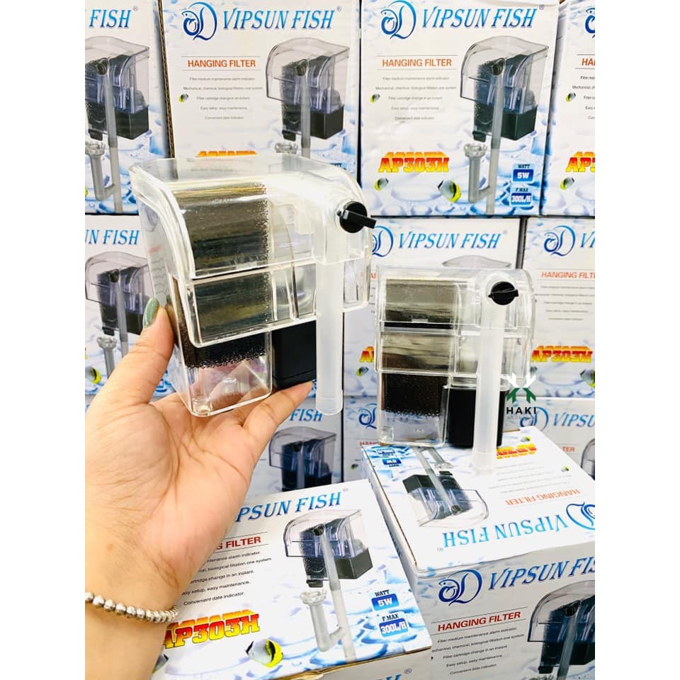 Máy lọc nước bể cá Vipsun Fish AP 303H - 5W 300l/h- Lọc thác, có lọc váng, hoạt động êm ái, Dùng cho hồ 40cm trở xuống.