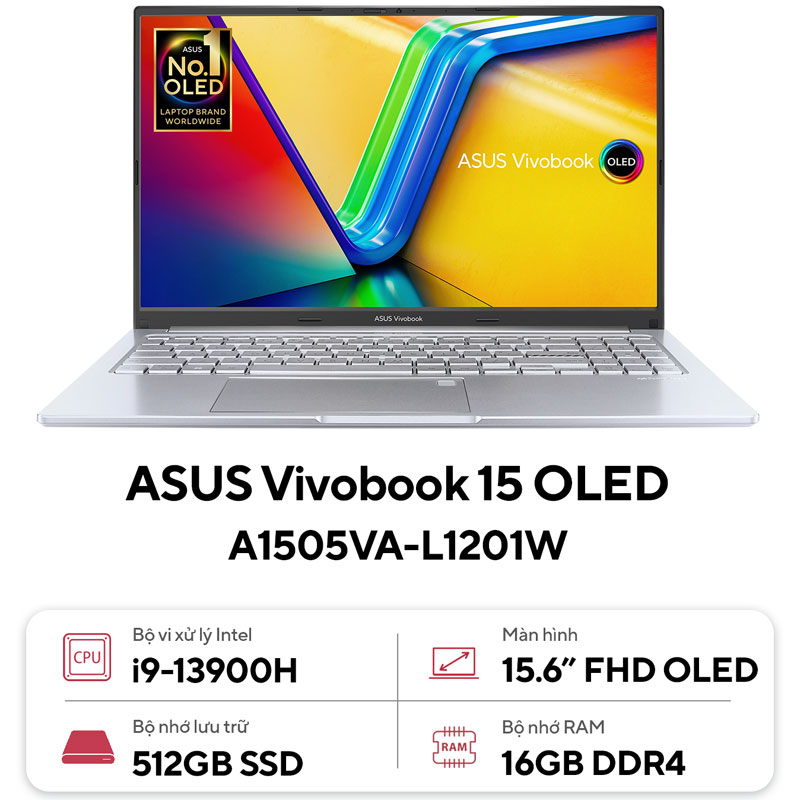 Laptop Asus Vivobook 15 OLED A1505VA-L1201W (Intel Core i9-13900H | 16GB | 512GB | Intel Iris Xe | 15.6 inch FHD | Win 11 | Bạc) - Hàng Chính Hãng