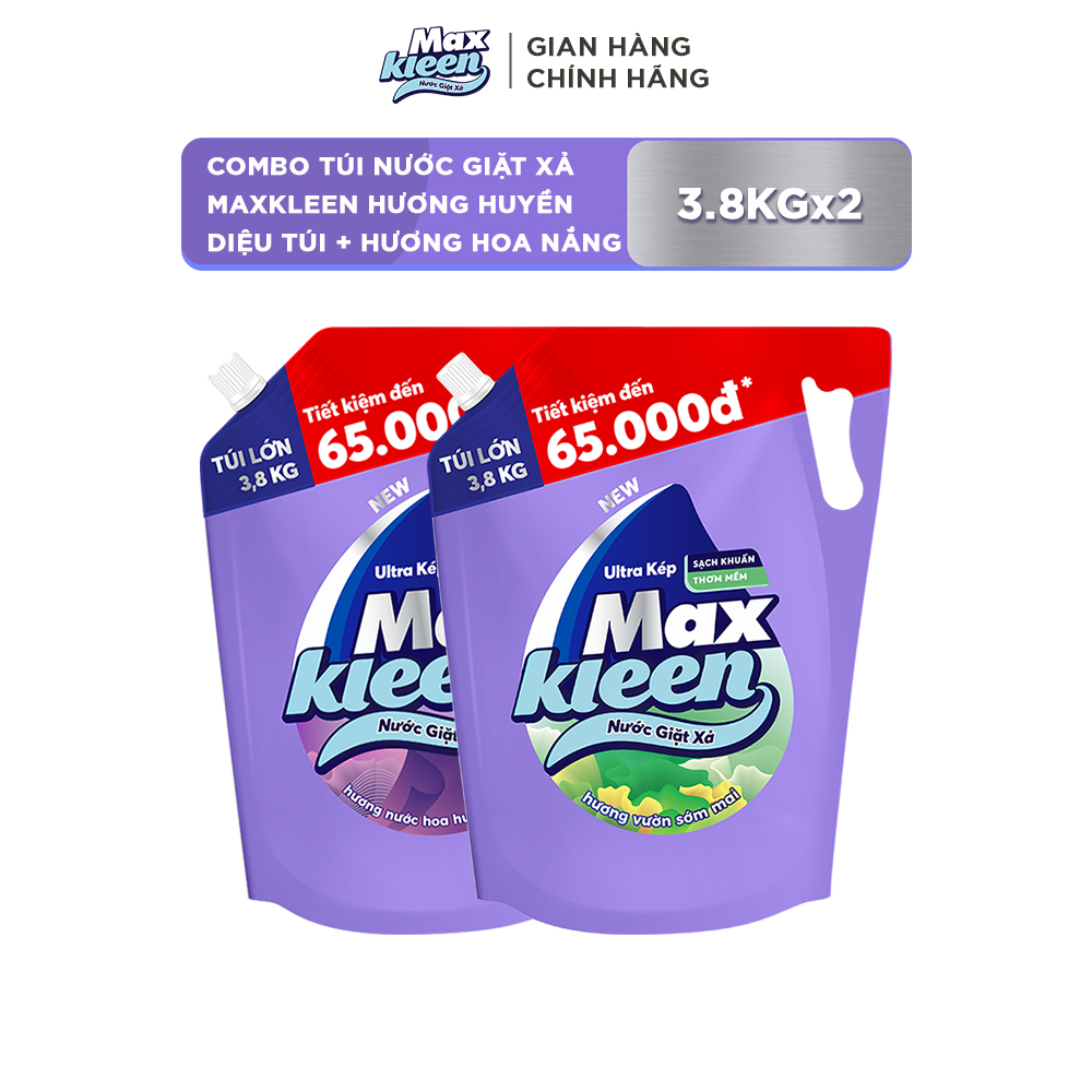 Combo Túi Nước Giặt Xả MaxKleen 3.8kg Vườn Sớm mai + Túi Nước Giặt Xả MaxKleen 3.8kg Huyền Diệu/Hoa Nắng