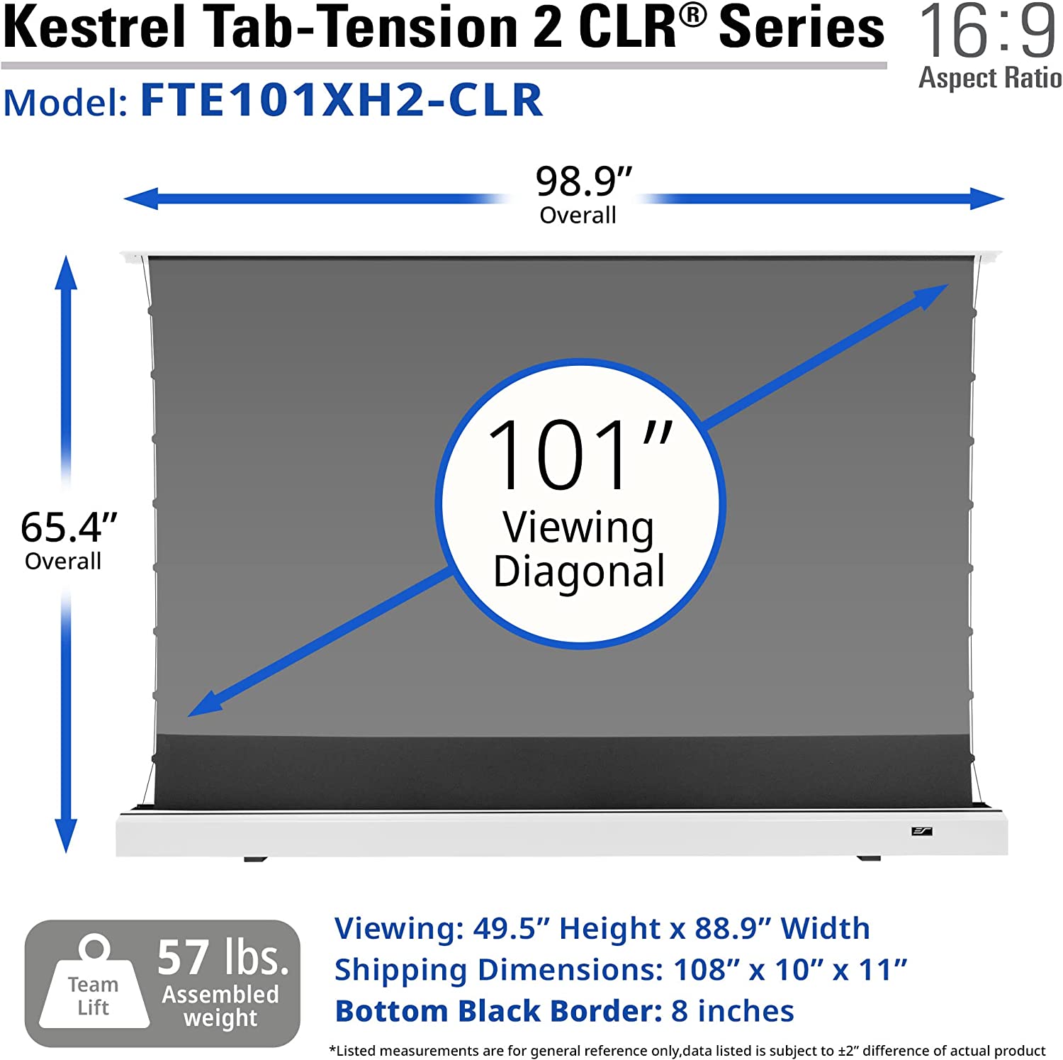 Màn Chiếu Elite Screens Dòng Kestrel Tab-Tension CLR (Kéo Căng ) Màn Chiếu ĐIỆN, Màn Chiếu SÀN, 101 inch Tỷ lệ Khung Hình 16:9 (Vùng hiển thị 125.7 x 223.8 cm) Gain 0.6 (FTE101XH2-CLR) THIẾT KẾ MỚI - Màu Trắng – Hàng Chính Hãng