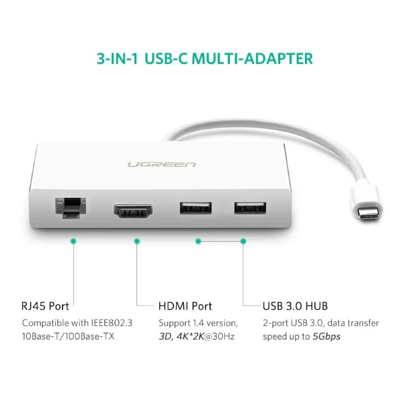 Ugreen UG40377MM134TK 15CM màu Trắng Bộ chuyển đổi TYPE C sang 2 USB 3.0 + HDMI + LAN bọc nhựa ABS - HÀNG CHÍNH HÃNG