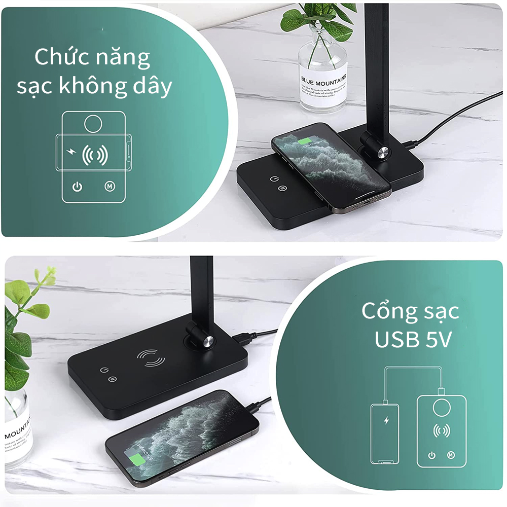 Đèn học đọc sách để bàn 5 chế độ ánh sáng LED 8W, Cổng sạc USB 5V 1.5A, Điều chỉnh cảm ứng