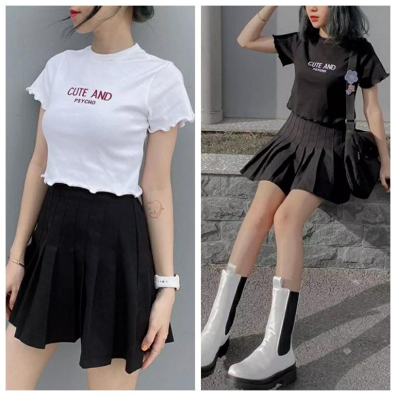 Áo croptop nữ ôm kiểu viền bèo áo crtop ngắn tay CUTE 2 màu trắng đen chất thun đẹp mịn mát