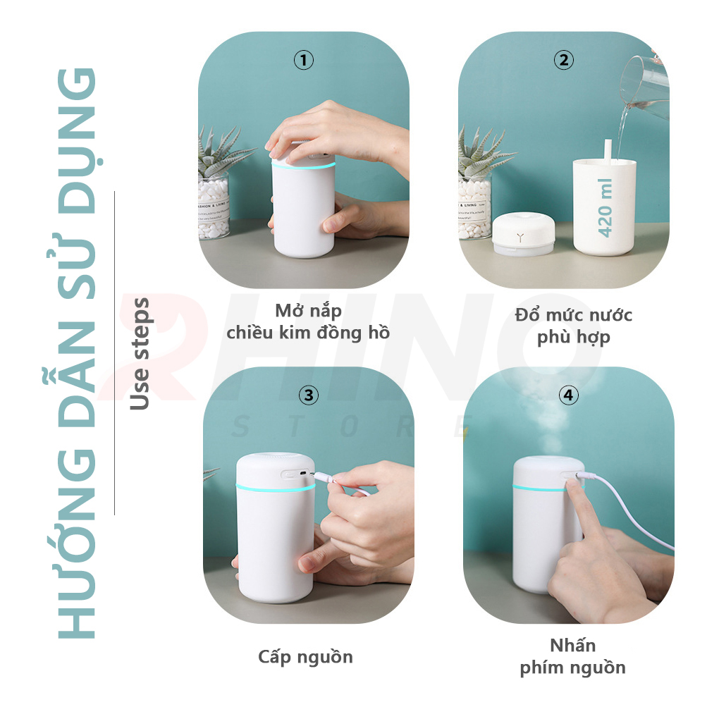 Máy phun sương xông tinh dầu tạo ẩm Rhino H901 dung tích 420ml, nhỏ gọn, không gây tiếng ồn, tích hợp đèn ngủ RGB nhiều màu, có chế độ tự ngắt - Hàng chính hãng