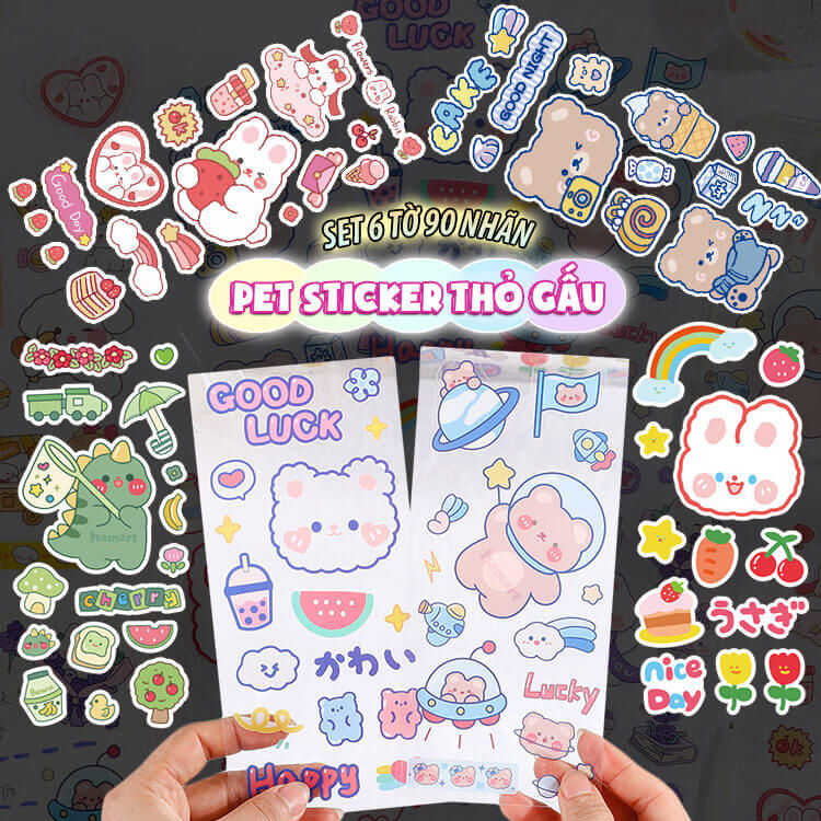 SET 6 Tờ 90 Nhãn Dán Sticker Thỏ Gấu PET Trong Suốt Cute Không Thấm Nước Trang Trí Dễ Thương