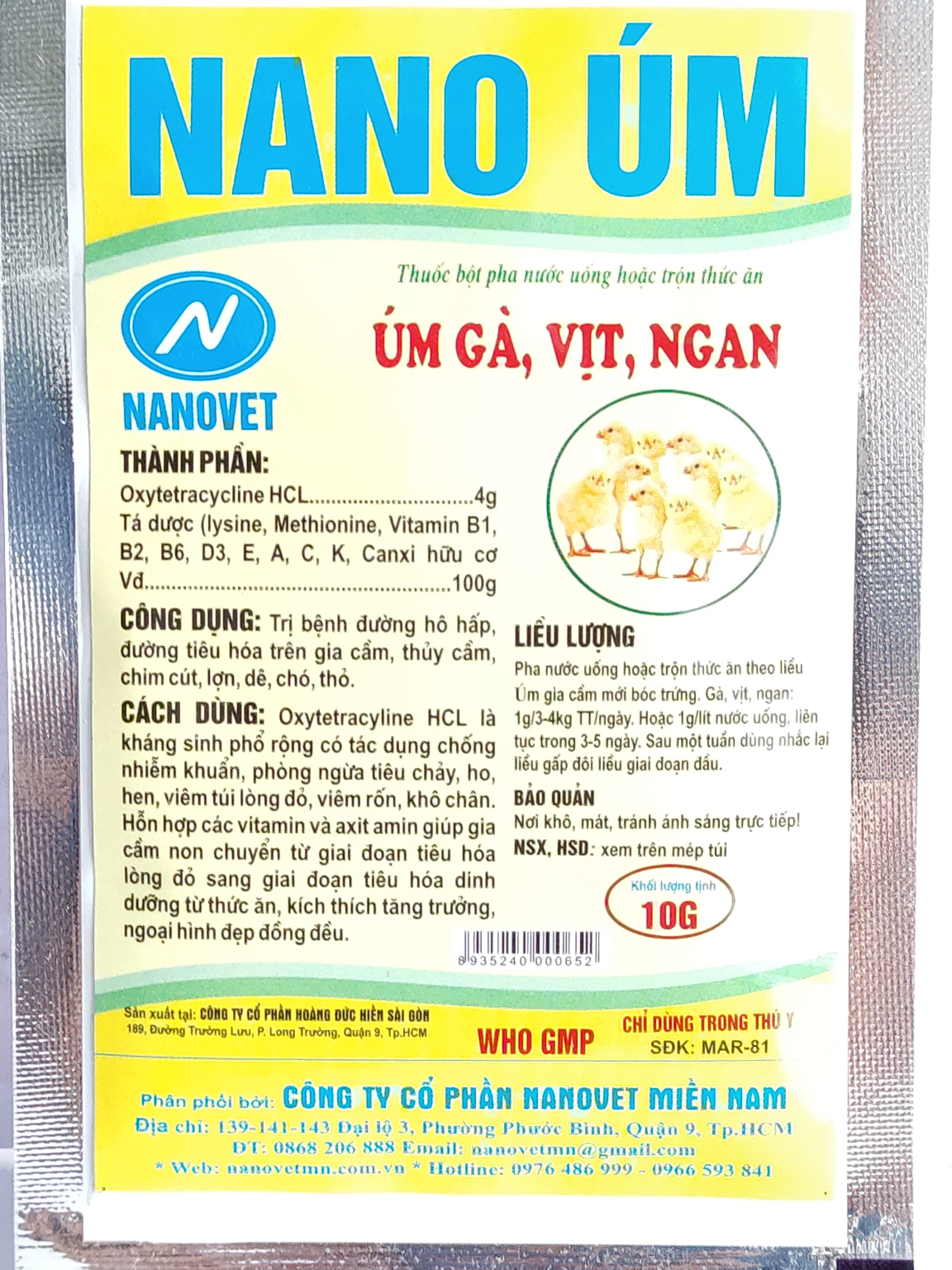 NANO NANO ÚM 10G thuốc bột pha nước uống hoặc trộn thức ăn úm gà, vịt, ngan
