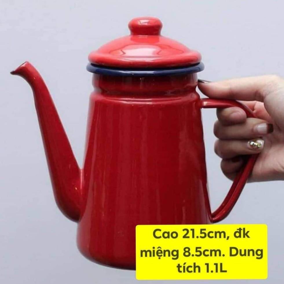 Ấm tráng men đỏ dáng cao vintage dung tích 1.1L