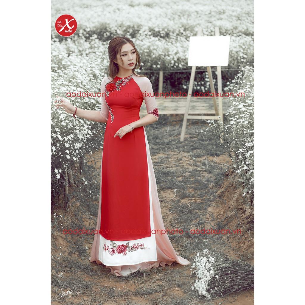 Hình ảnh Áo dài đỏ 4 tà cách tân kết cườm hoa thêu 171001