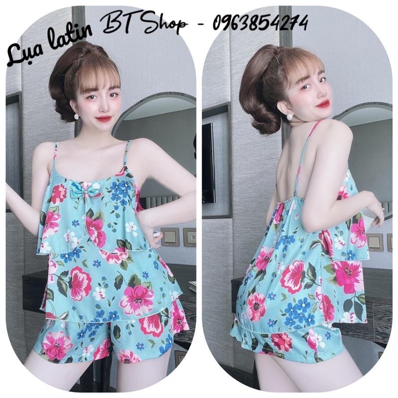 Đồ ngủ mặc nhà lụa latin 2 dây đùi hoạ tiết freesize 42-57kg
