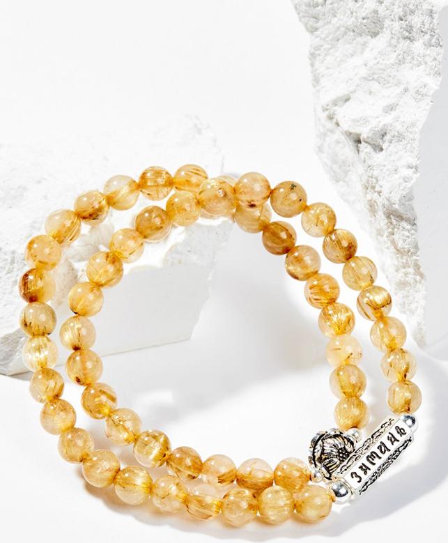 Vòng Chuỗi Hạt Đeo Tay 2 Lines Đá Thạch Anh Tóc Vàng Phối Charm Bạc Mệnh Thổ, Kim Ngọc Quý Gemstones