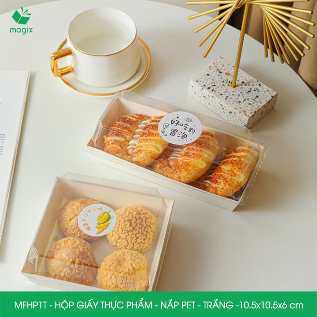 MFHP1T - 10.5x10.5x6 cm - 50 hộp giấy thực phẩm màu trắng nắp Pet, hộp giấy vuông đựng thức ăn, hộp bánh nắp trong