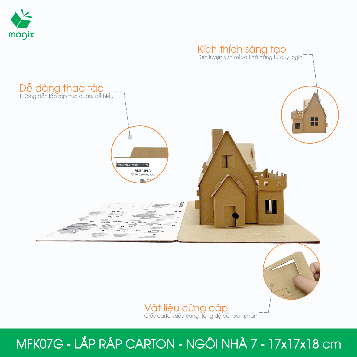 MFK07G - 17x17x18 cm - Mô hình ngôi nhà lắp ráp từ bìa carton cao cấp, nhà giấy carton mini sáng tạo