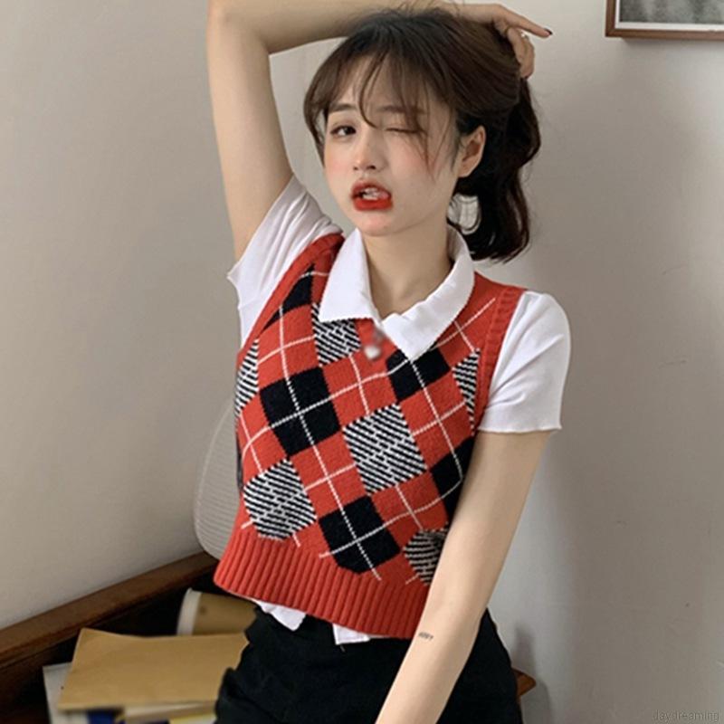 Áo Tank Top Dệt Kim Cổ Chữ V Kẻ Sọc Màu Tương Phản Cá Tính Cho Nữ