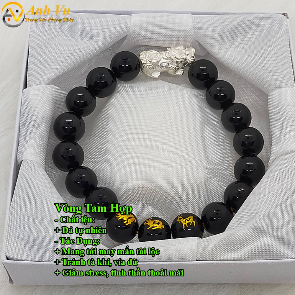 Vòng tay tỳ hưu tam hợp hợi mão mùi chất liệu mã não đen - size 8 10 12ly cho người mệnh mộc, mệnh thủy - có khai quang điểm nhãn may mắn tài lộc - bảo hành 12 tháng - PHONG THỦY ANH VŨ