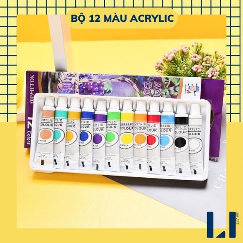 Bộ 12 màu vẽ acrylic tuýp (12ml) - Màu acrylic tuýp dùng vẽ tranh,vẽ vải, đất sét, custom giày…