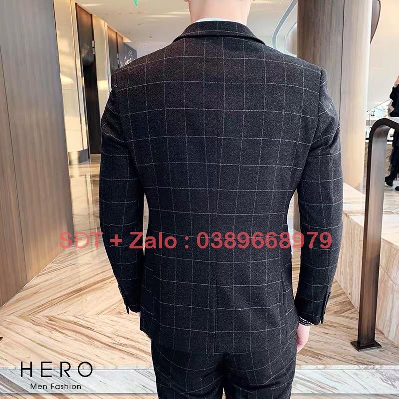 Bộ Vest Nam Cao Cấp Kẻ Caro, Bộ Suit Nam Hàn Quốc Kẻ Caro đen