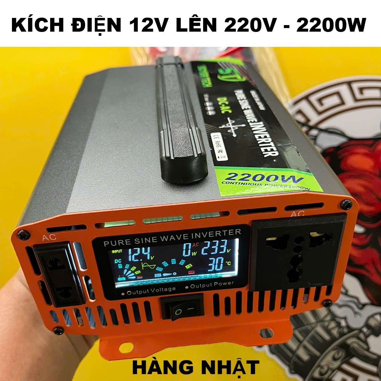 Kích Điện 12V Lên 220V 2200W Hàng Nhật – Sóng Sin Chuẩn, Màn Hình LED Hiển Thị Vôn &amp; Nhiệt Độ