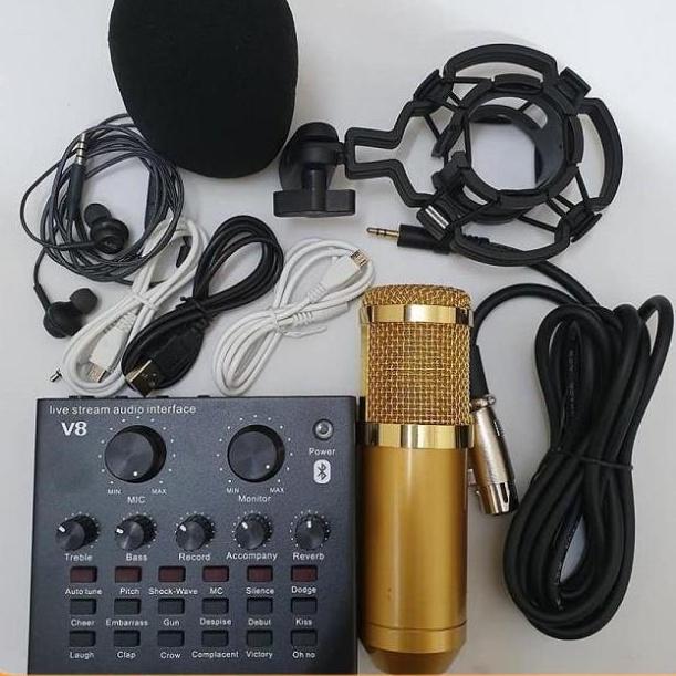 Bộ Mic Hát Livestream V8 + Mic BM900  Dùng Thu Âm Hát Livestream Karaoke Có AutoTune Chuẩn Phòng Thu - hàng Chính Hãng