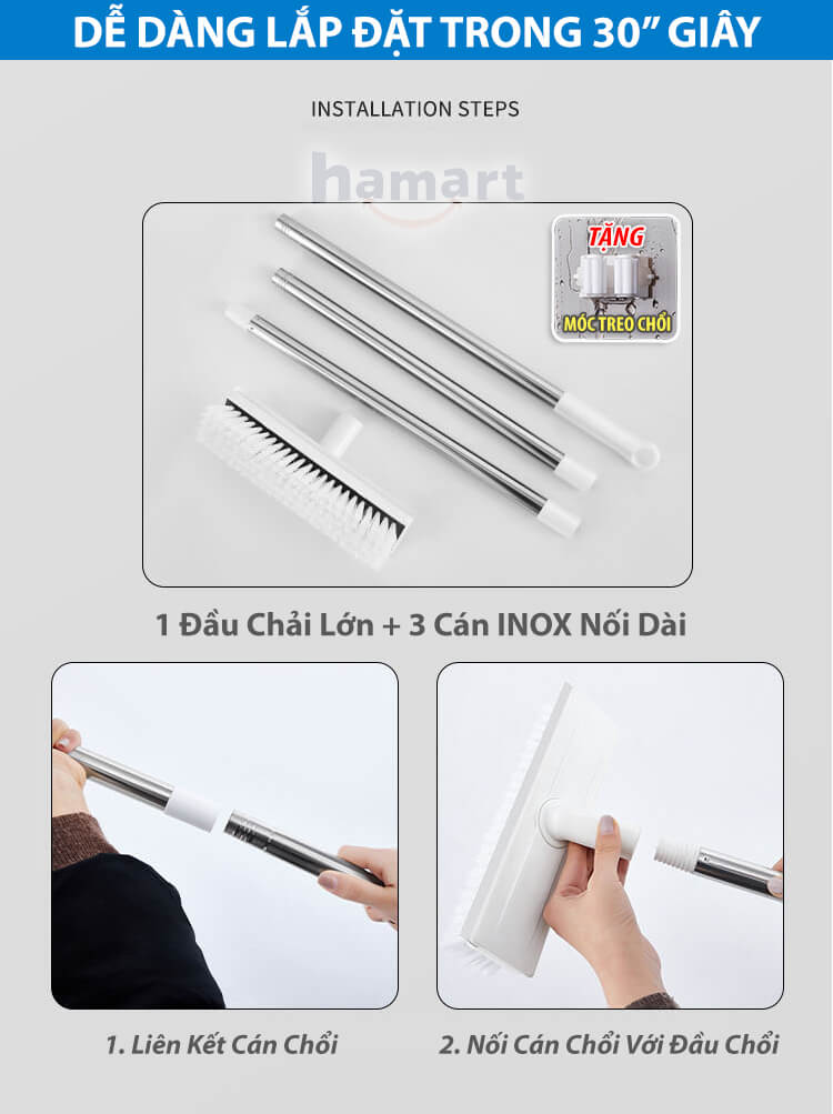 Chổi Chà Sàn Nhà Tắm Cán Dài Có Gạt Nước Hamart Xoay 360° Cọ Sàn Đa Năng TẶNG Móc Treo Chổi