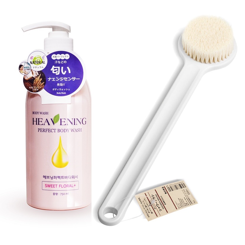 Combo 01 chai sữa tắm sữa tắm trắng da toàn thân Hàn Quốc Heavening Perfect 750ml + 01 Bàn chải chà lưng cán dài, có móc treo tiện lợi Muji Shower Brush