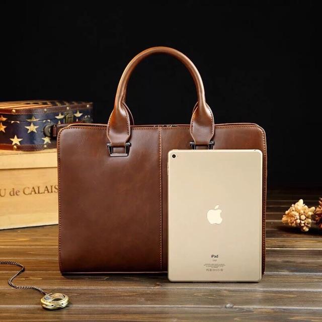 Cặp xách da nam đựng tài liệu, laptop có dây đeo chéo (màu nâu) - Ribi shop