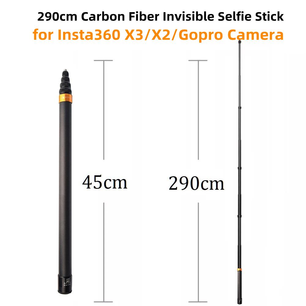 290cm sợi carbon Vô hình phiên bản mở rộng Selfie Stick cho Insta360 x3 / một x2 / một RS Phụ kiện cho GoPro Selfie Stick