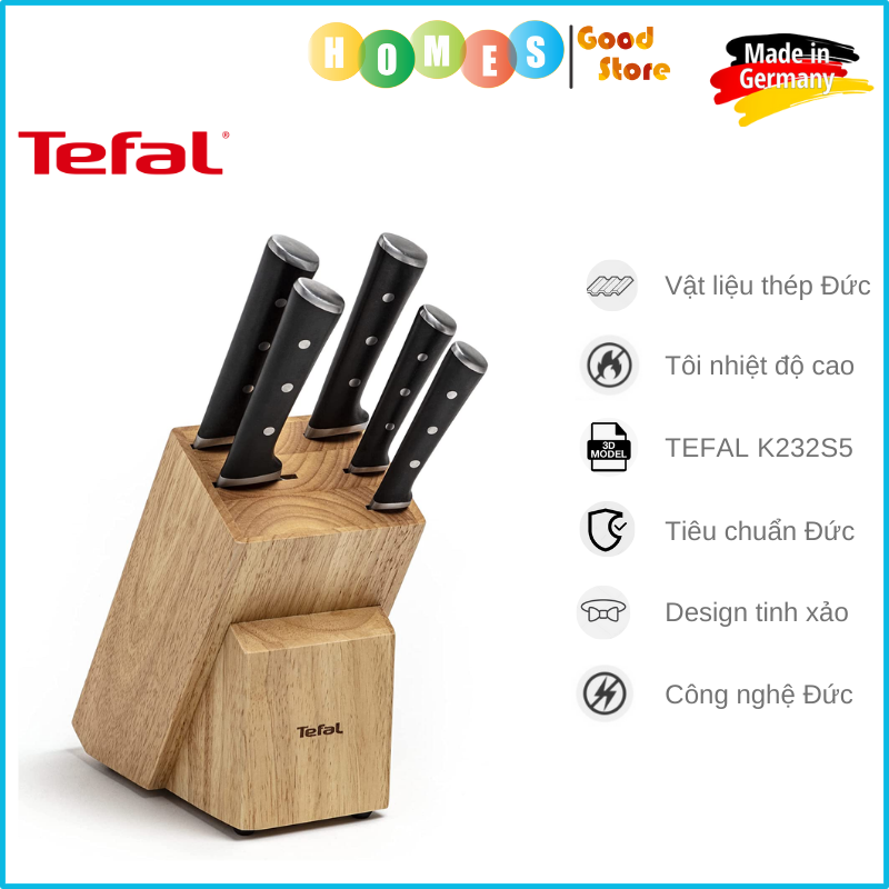 Bộ Dao 5 Món TEFAL Ingenio Ice Force - Nhập Khẩu Đức Cao Cấp Sắc Bén Chống Gỉ Chống Mòn - Hàng Nhập Khẩu