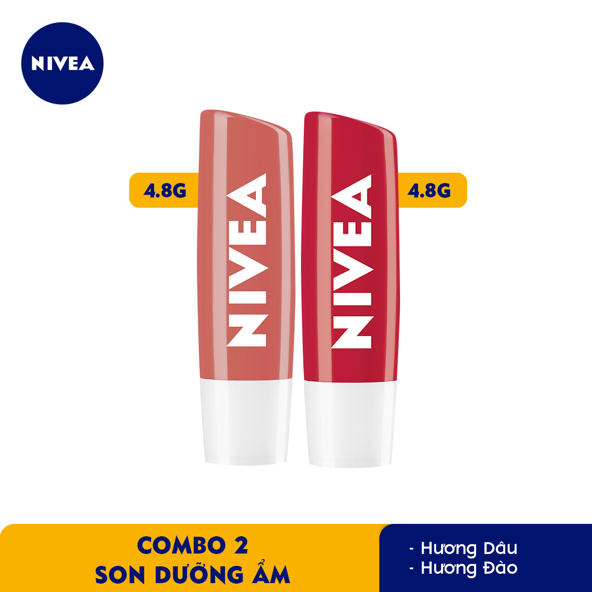 Bộ Đôi Son Dưỡng Ẩm Nivea Hương Đào 85031 (4.8g) &amp; Son Dưỡng Nivea Mùi Dâu 4.8g - 85083