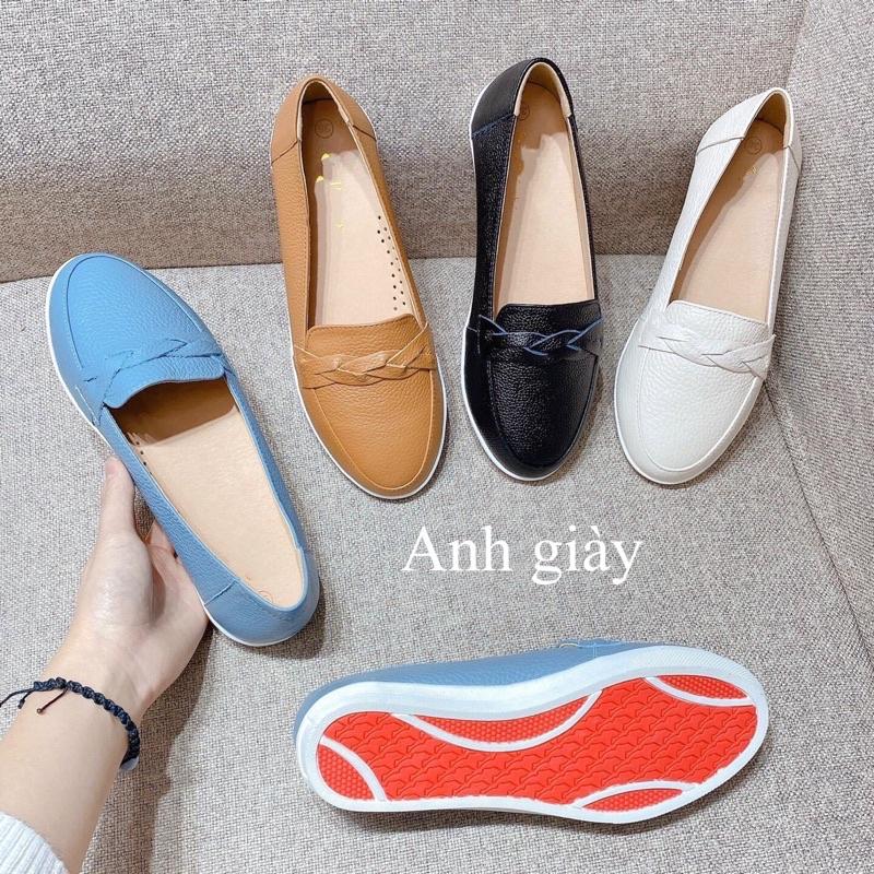 Giày slipon da thật da lì nơ bện VNXK đi mềm, êm chân