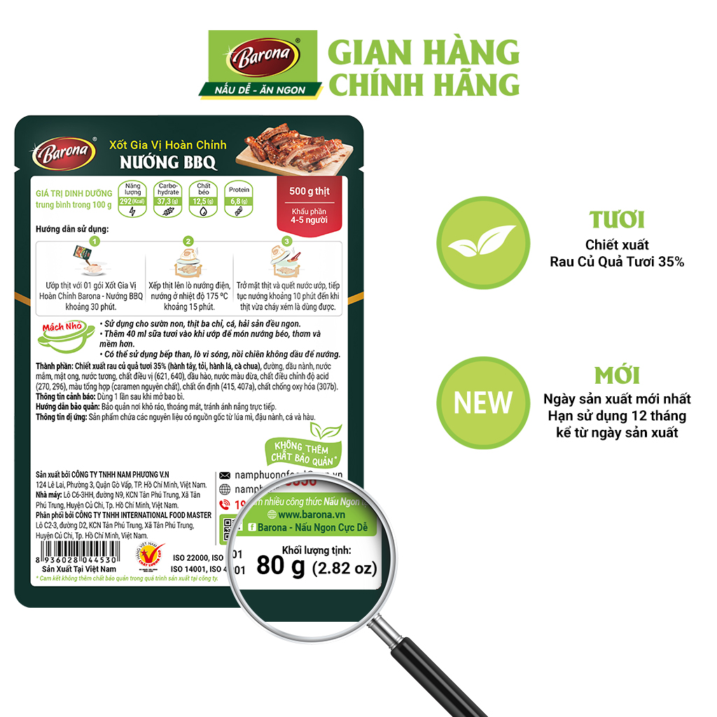 Combo 1 hộp (20 gói) Gia Vị Nướng BBQ Barona 80g ướp ngon chuẩn vị không cần nêm nếm