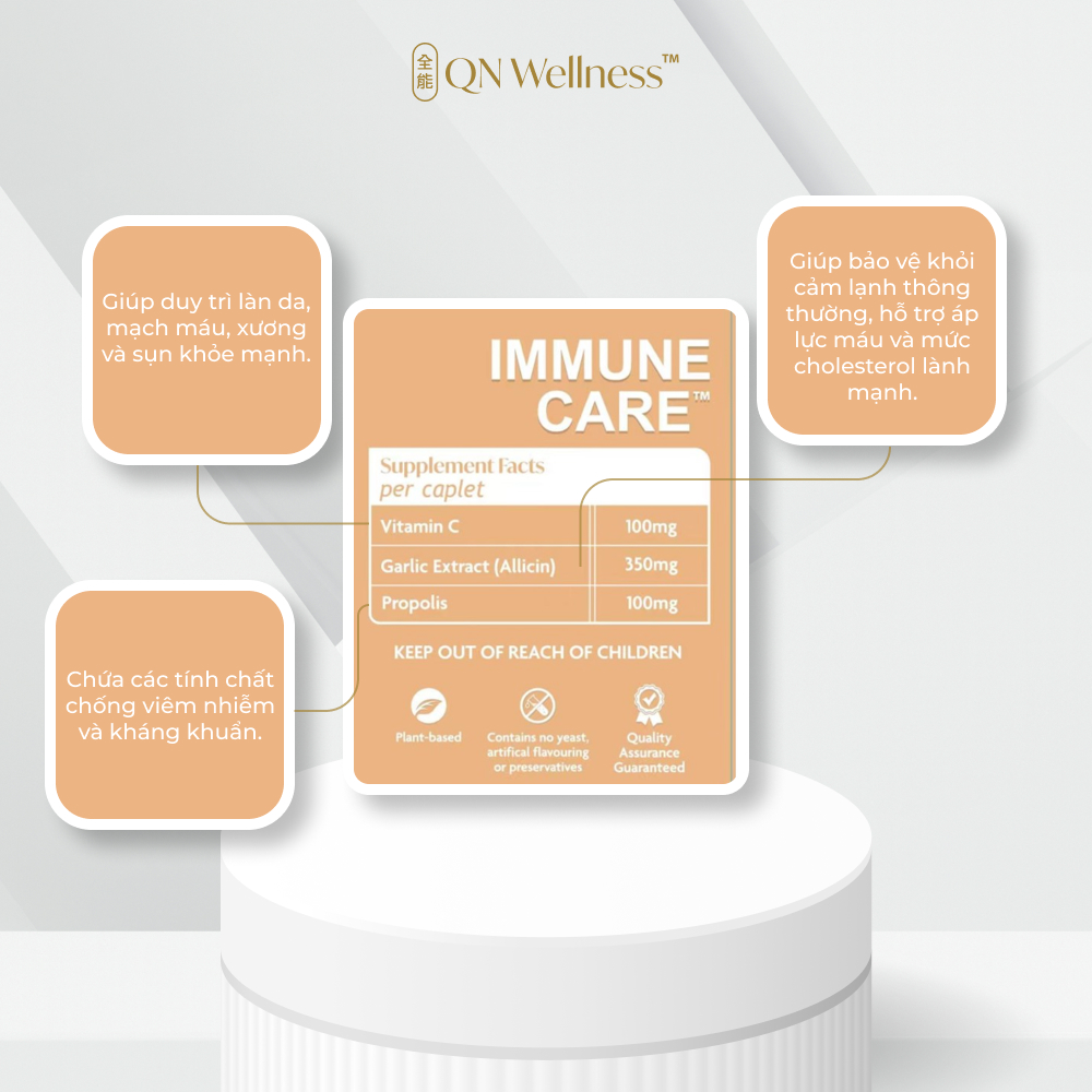 Combo Siêu Ưu Đãi Viên Uống Bổ Sung Vitamin C Immune Care QN Wellness Tăng Cường Hệ Hô Hấp, Hỗ Trợ Khả Năng Miễn Dịch & Sức Khỏe Cơ Thể - Hộp 60 Viên x 3