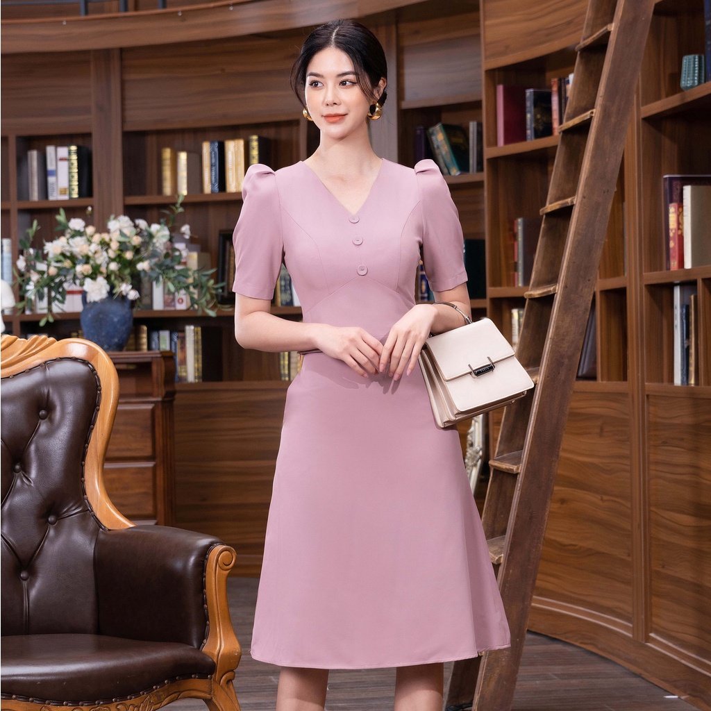 Set Áo Váy Công Sở Nữ UK Fashion Cổ Chữ V Tay Bồng Phối 3 Cúc, Chân Váy Dáng Xòe Nhẹ, Chất Vải Hàn Cao Cấp NKBD2203019