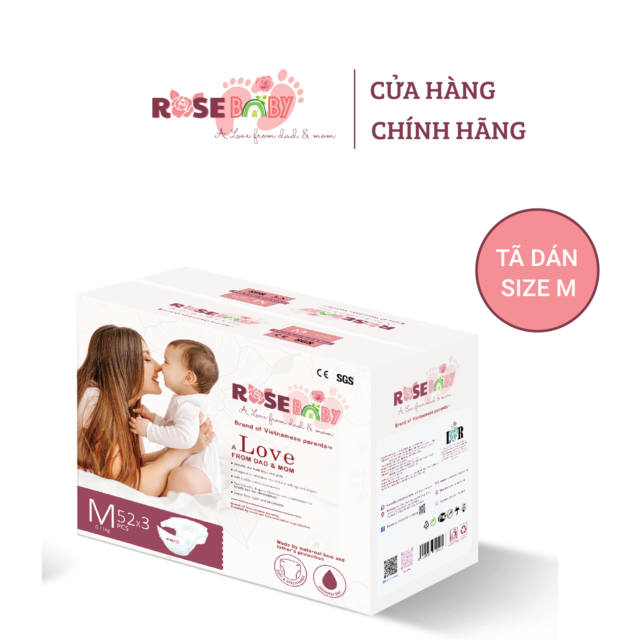 Thùng Bỉm Dán ROSE BABY Size M (156 miếng)