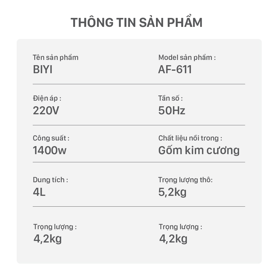 Nồi Chiên Không Dầu BIYI AF611 (4L) - Hàng Chính Hãng - Màu Đen