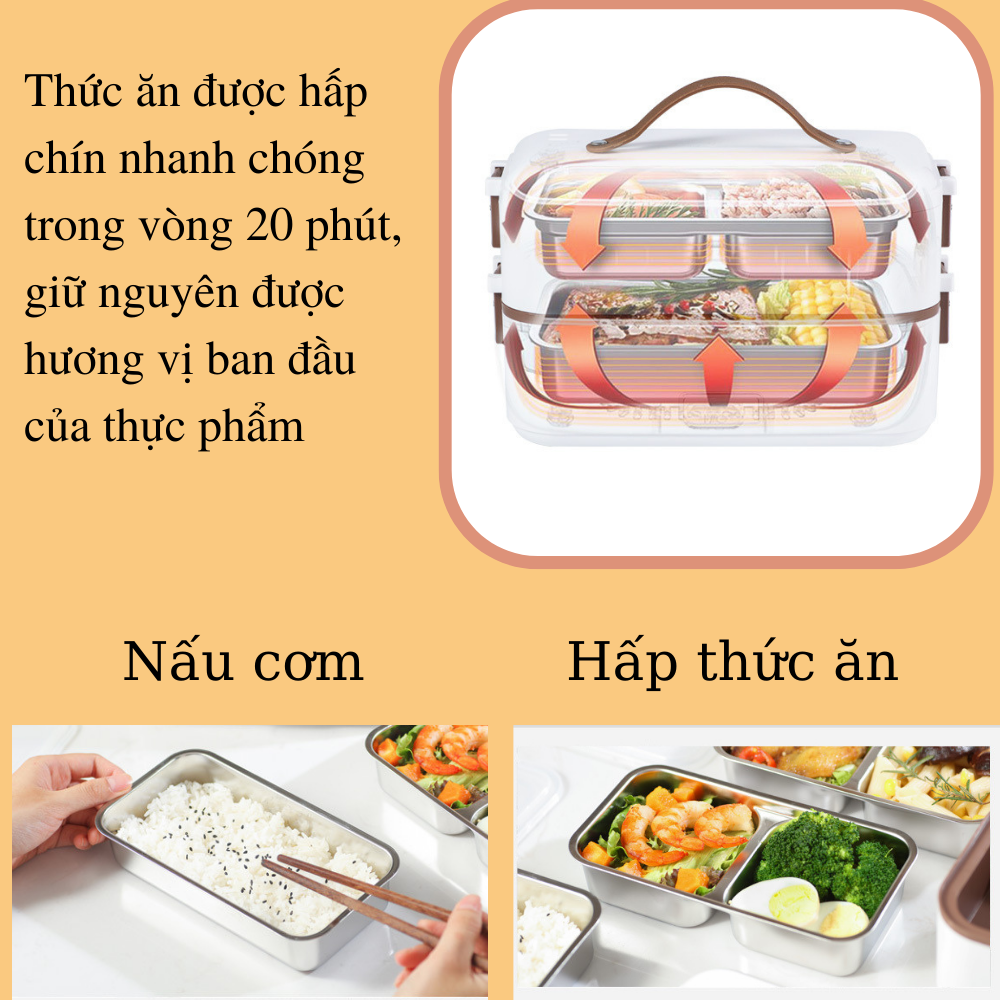 Hộp cơm cắm điện giữ nhiệt văn phòng CTFAST - A08 ( Trắng ) : Thiết kế 2 tầng tiện dụng, chất liệu inox 304 cao cấp hỗ trợ hấp, nấu chín, làm nóng đồ ăn nhanh chón g - Tặngtúi giữ nhiệt cao cấp