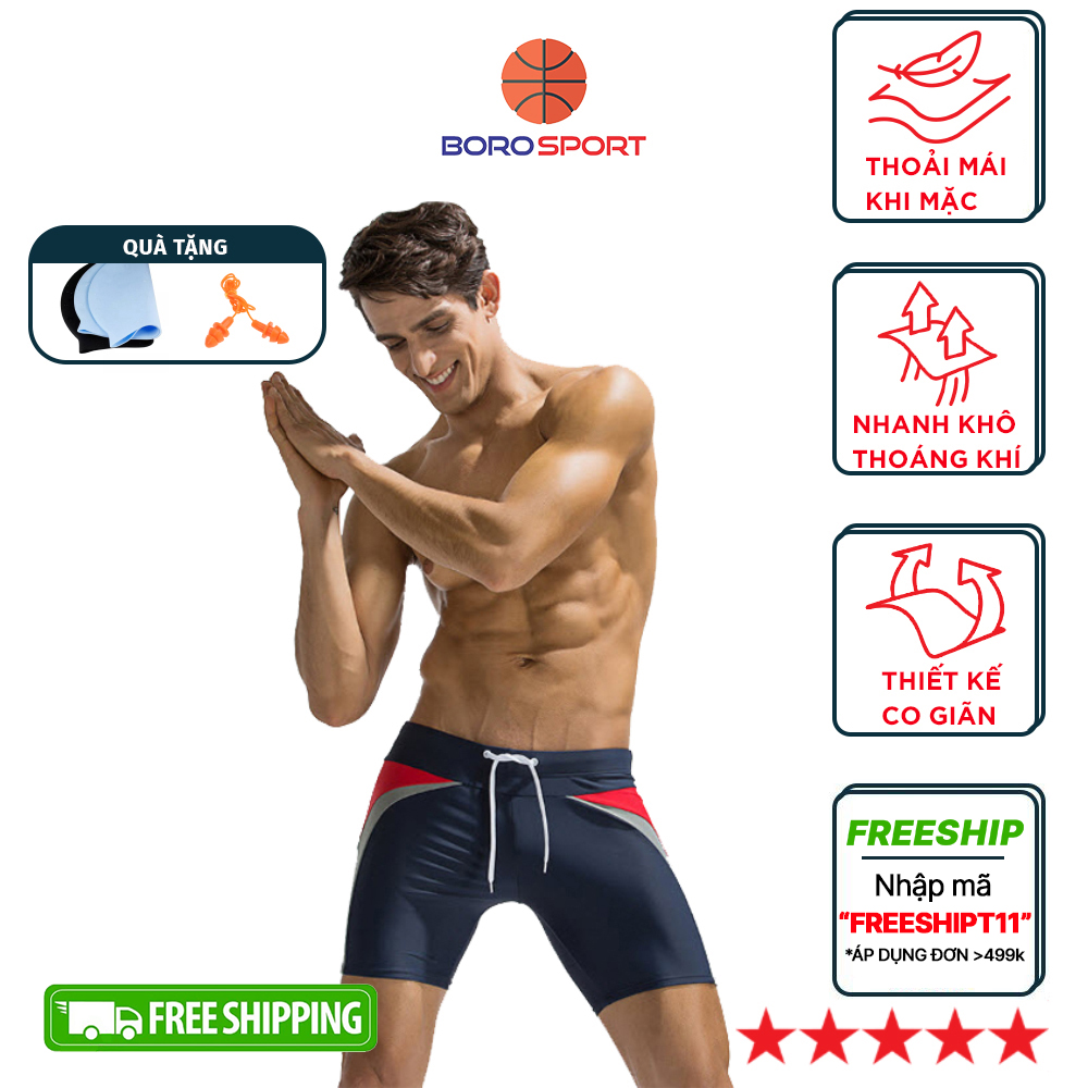 Quần Bơi Nam Boxer Yesure Deenyt Chất Liệu Superfine Polyester Cao Cấp , Chống Thấm , Nhanh Khô Form Fitness Thời Trang Tặng Kèm Nón Bơi Bịt Tai Silicon - Xanh - L