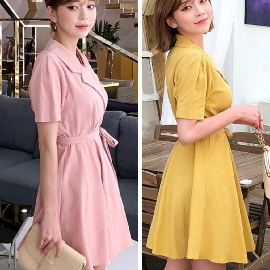 Đầm công sở hồng và vàng cổ vest cột nơ eo