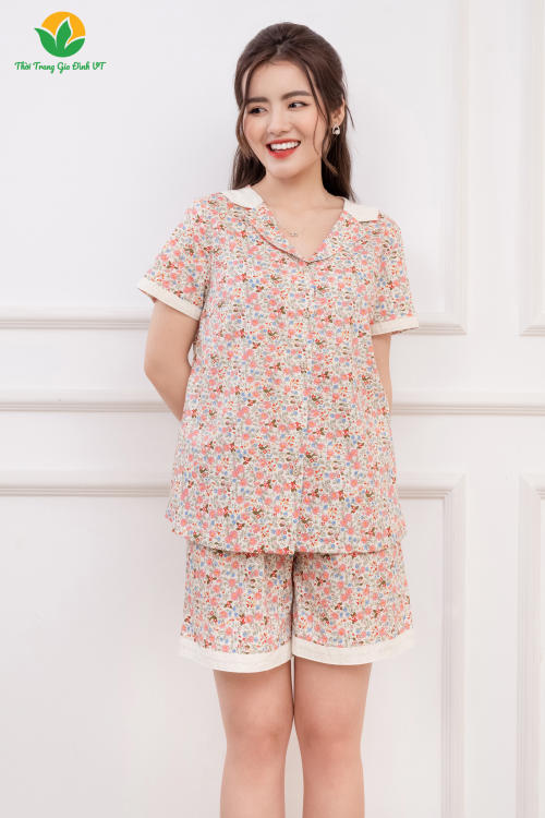 Bộ cotton nữ quần đùi áo cộc tay cổ pijama phối B43.2201 - Thời trang gia đình VT