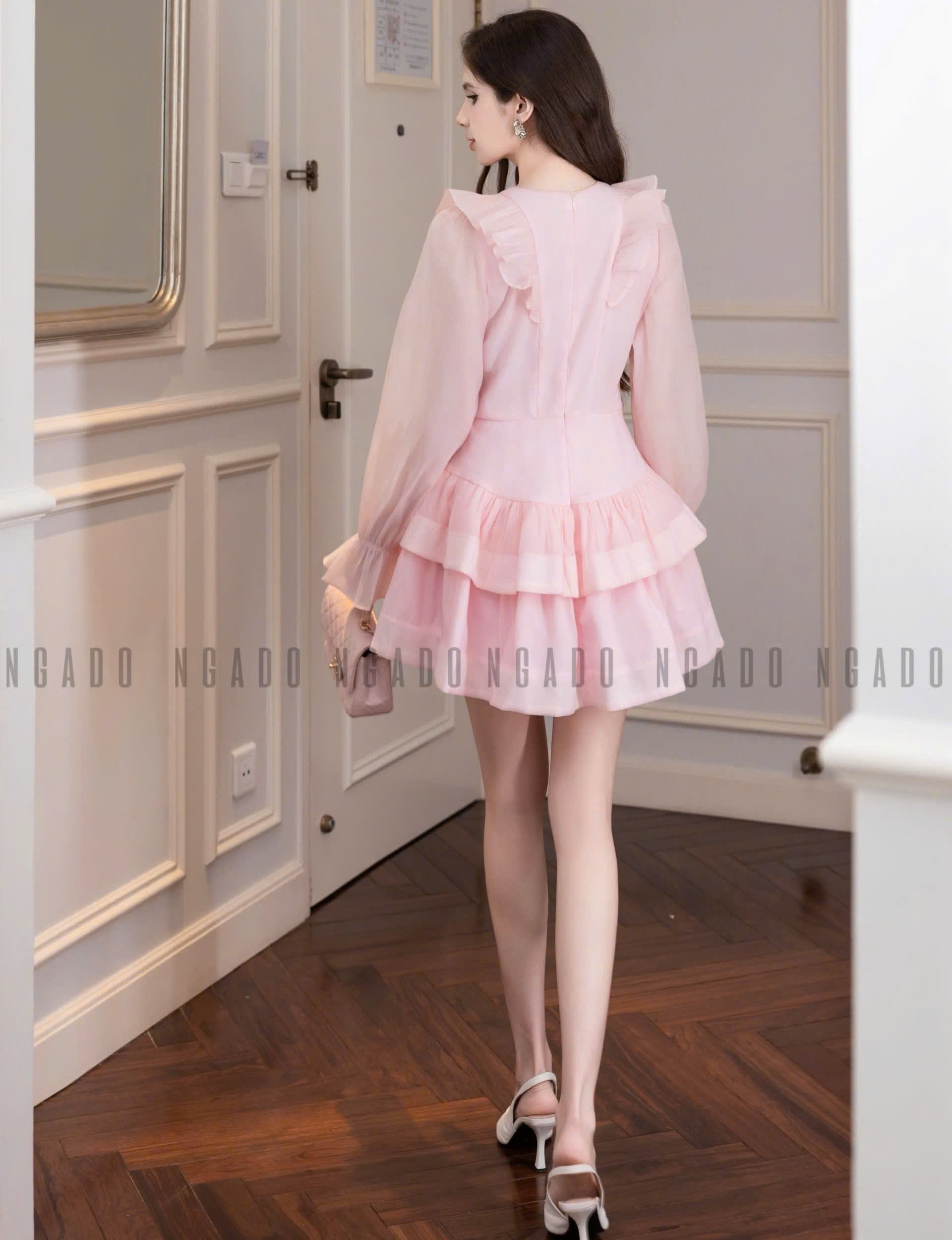 Đầm hồng tay voan NGADO , đầm voan , đầm nữ , đầm dự tệc, dạo phố