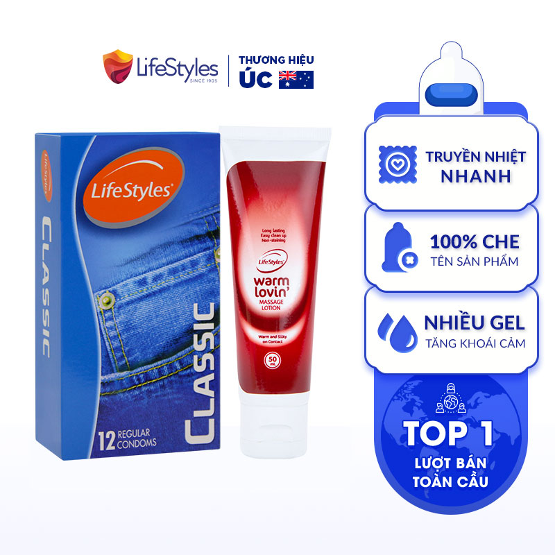 Combo Bao Cao Su LifeStyles Classic Ôm Sát Cao Cấp Hộp 12 bao + Gel Bôi Trơn LifeStyles Warm Lovin Tăng Cảm Giác Ấm Nóng
