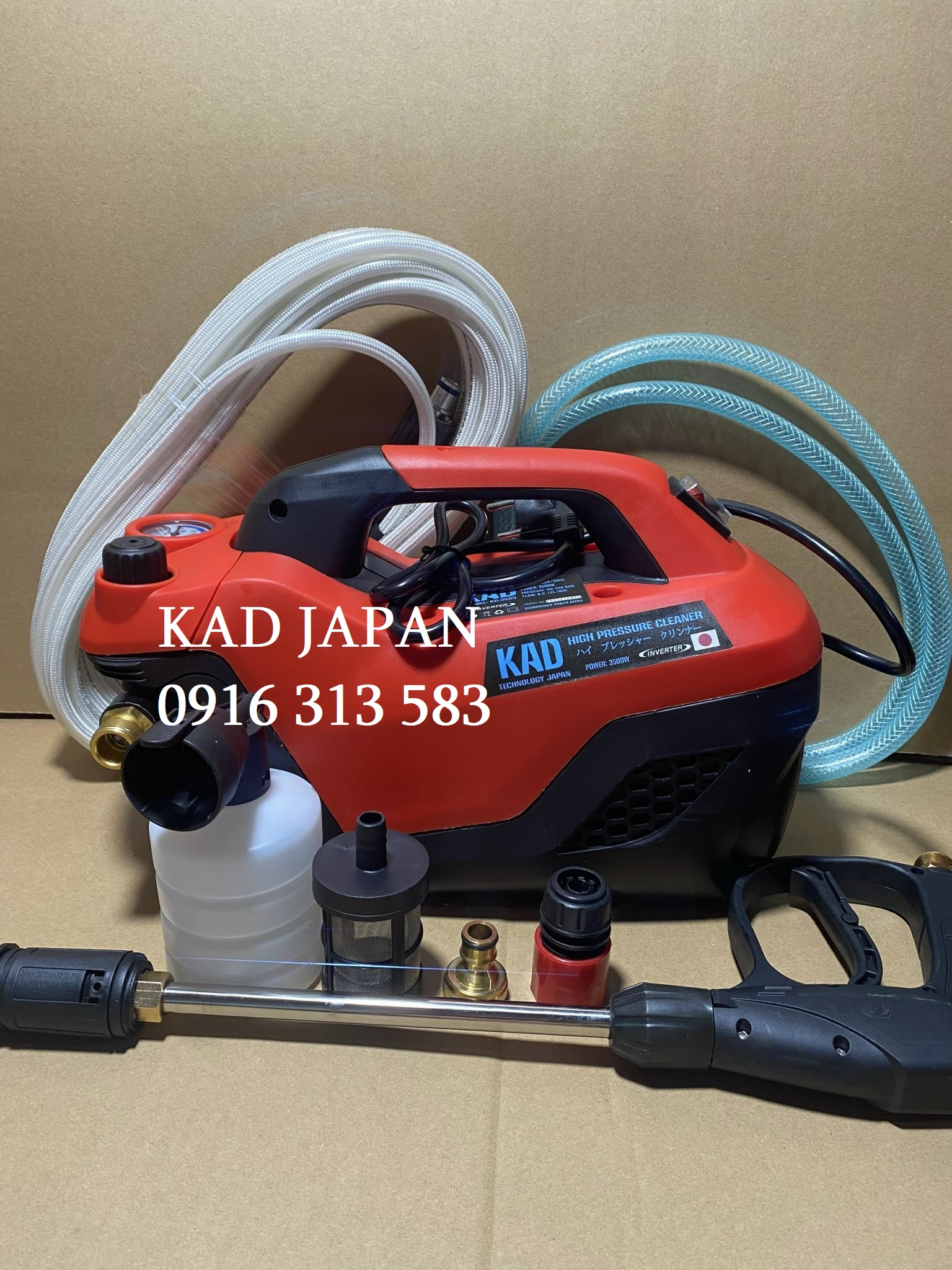 Máy phun xịt rửa xe áp lực cao KAD JAPAN- KD 3589, Công suất mạnh 3500W, Điều chỉnh được áp lực phun, Phù hợp cho mọi công việc, Dây áp lực cao 15m loại dẻo, Chống xoắn, Chống gập tốt(giao màu ngẫu nhiên).