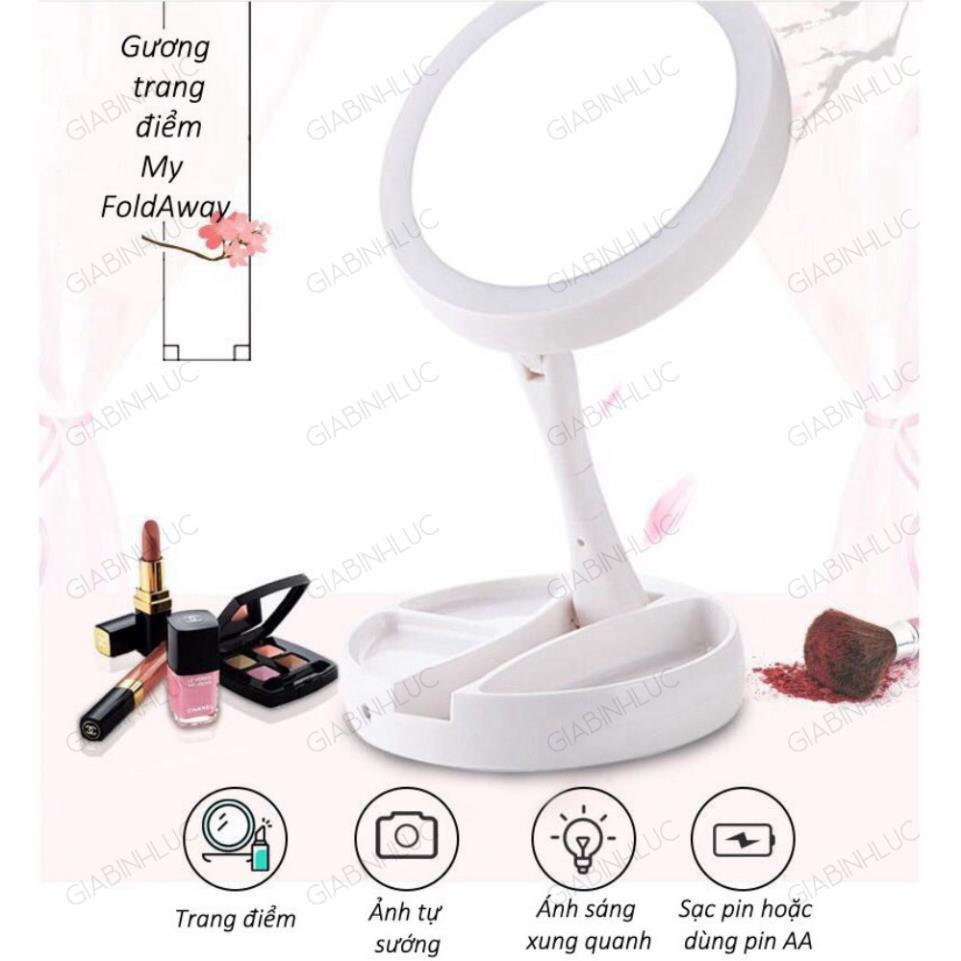 Gương Trang Điểm Có Đèn LED 2 Mặt Xoay 360 độ Dùng Pin và Cắm Điện Trực Tiếp Tiện Lợi