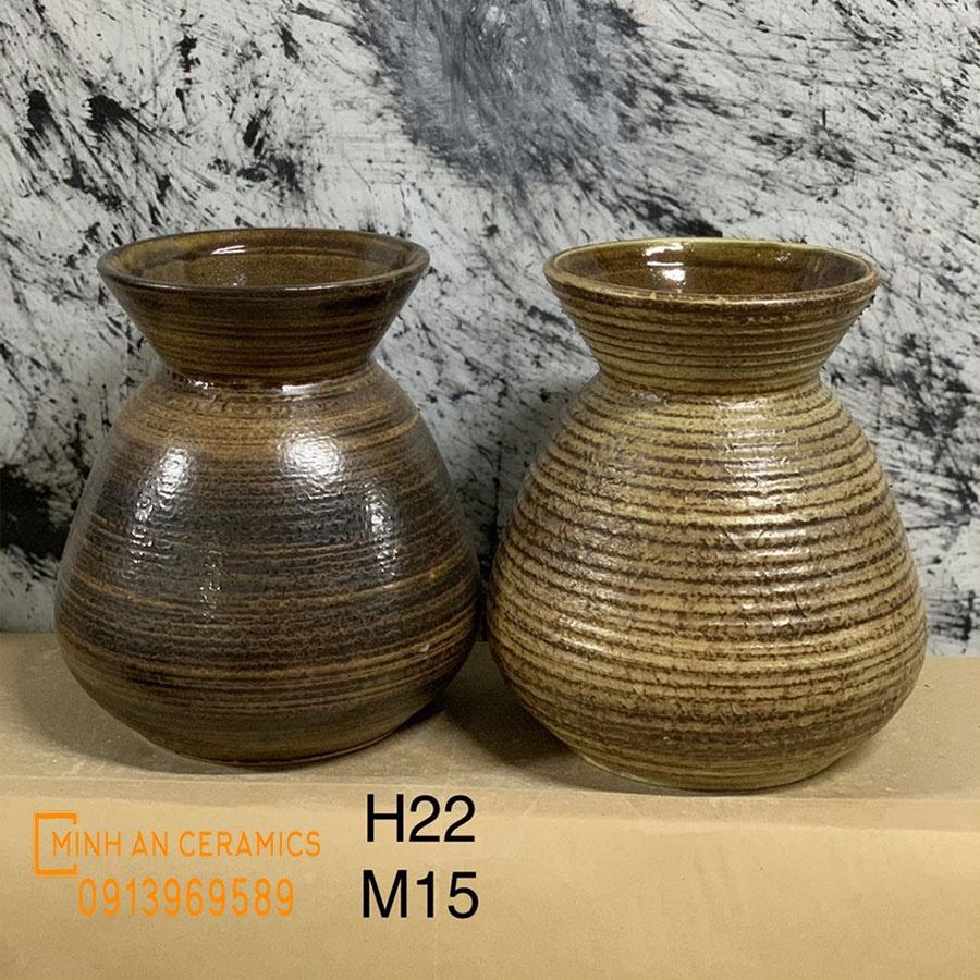 Lọ hoa gốm mộc Minh An Bát Tràng dáng thấp cao 22cm