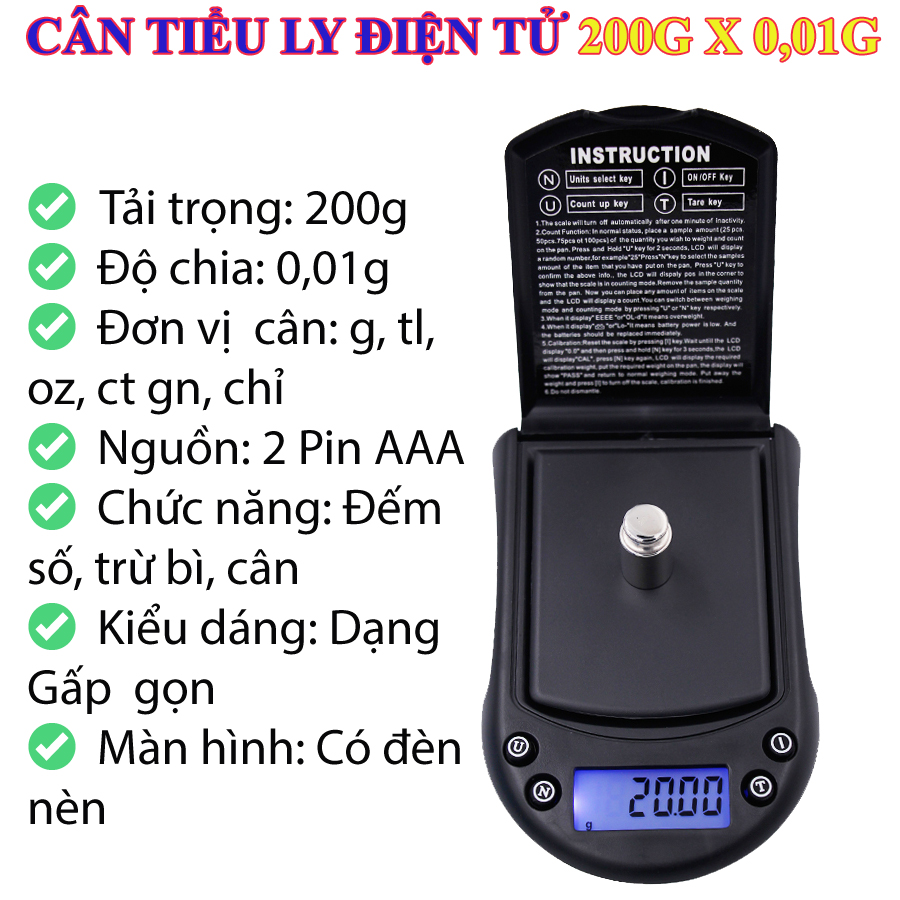 Cân Tiểu Ly Điện Tử 200x 0,01g A07, kiểu dáng bỏ túi, độ chính xác cao