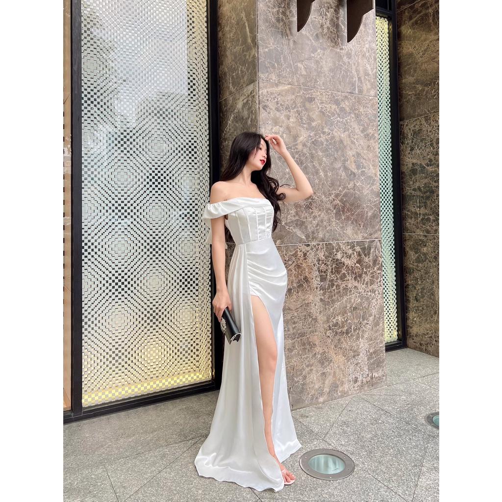 STORY Đầm Scarlett dự tiệc chéo vai sang trọng xẻ tà lụa satin cao cấp thời trang nữ Story.clothes