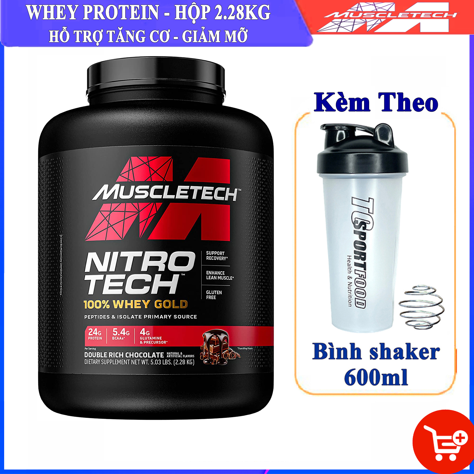 Combo Sữa tăng cơ giảm mỡ cao cấp Nitro Whey gold của Muscletech hộp 2.28kg cho người tập Gym & Bình lắc 600ml (Mẫu ngẫu nhiên)