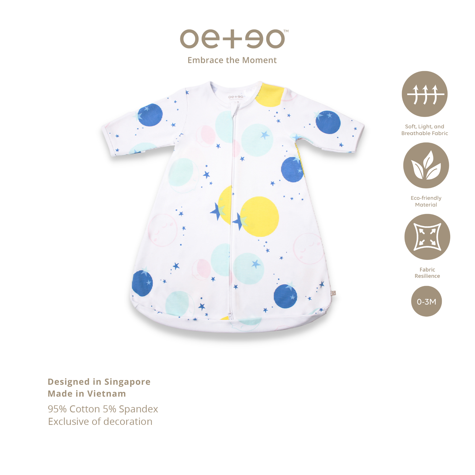 Túi ngủ trẻ sơ sinh 0 - 3 tháng vải cotton màu trắng họa tiết hành tinh và ngôi sao  TSETWEL1-1209 | OETEO Starry Gaze