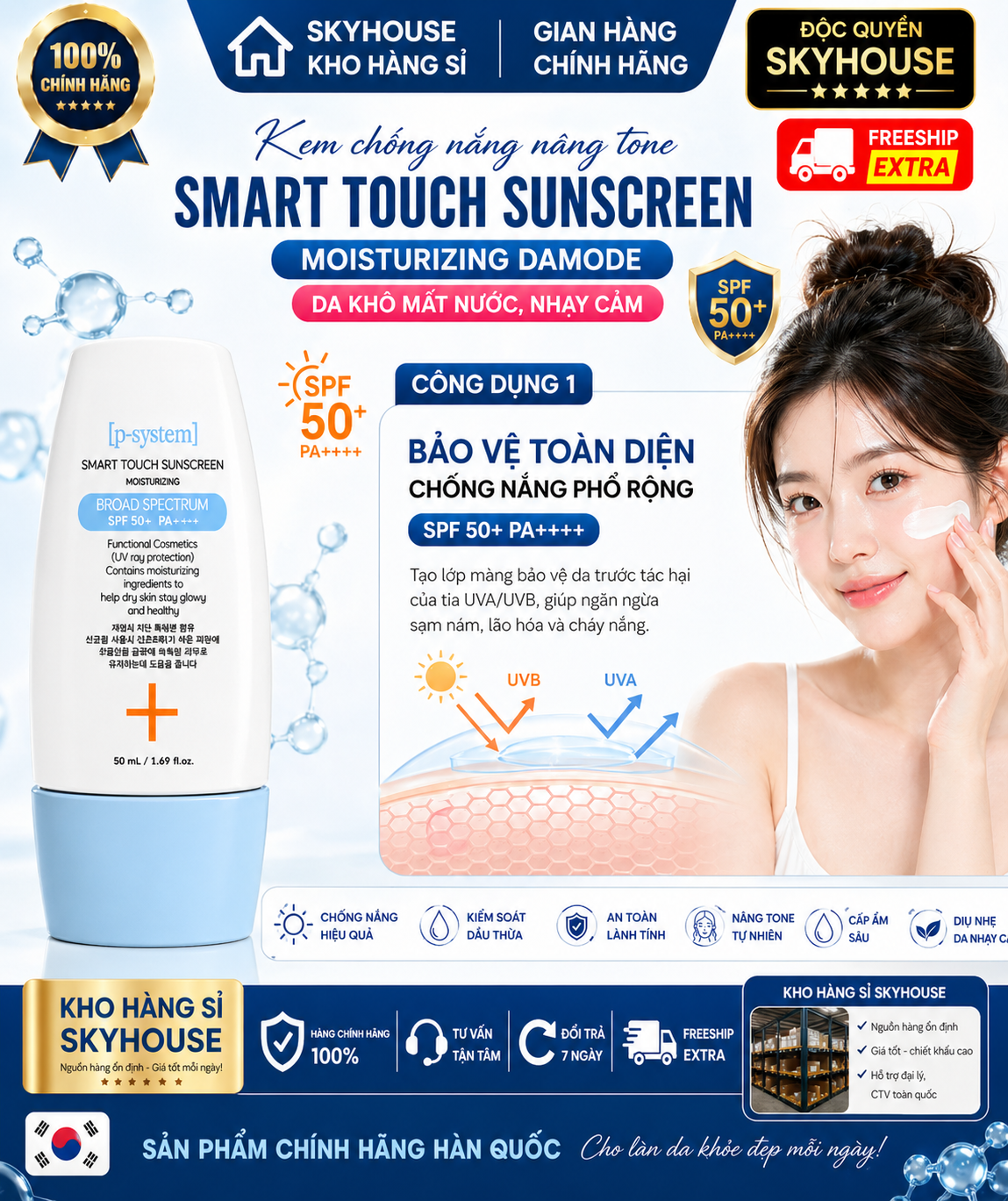 Kem chống nắng nâng tone SMART TOUCH SUNCREEN MOISTURIZING DAMODE chai 50ml da khô mất nước nhạy cảm chính hãng Hàn Quốc